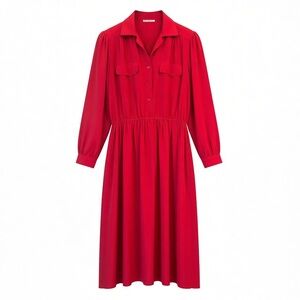 Vintage Andrea Gayle Red Button Long Sleeve Cinch Waist Midi Dress